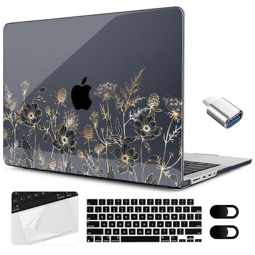 Image of MEEgoodo Case for M5 MacBook Pro 16 inch Case 2026 2024 2023 2021 with M5 M4 M3 M2 M1 Pro /Max Chip, Fit Model A3429 /A3428 /A3403 /A3186 /A2991 /A2780 /A2485, Golden Flowers & Herbs