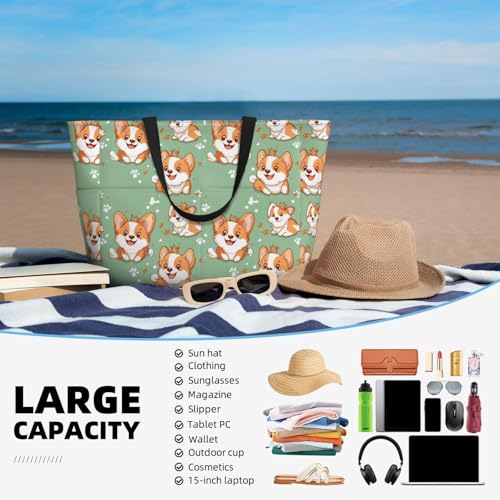 Large Beach Bags for Women Sandproof - Cute Corgi Dog Print Summer Travel Work Tote Bags with Zipper4