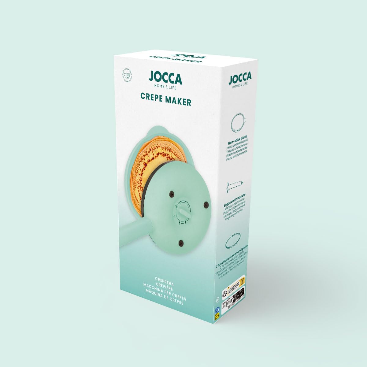 Jocca - Crepiera Funny Cooking Turchese | Diametro 21 cm | Piastra Antiaderente | 600W, 3 Temperature | Manico Ergonomico | 2 Funzioni in 1