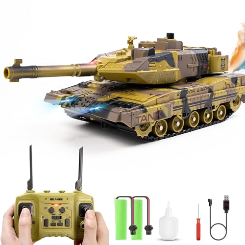 Hitish Tanque RC con función de disparo para niños y adultos, 2,4G tanque de juguete del ejército teledirigido con sonido de demostración automática, luz, humo, modelo de vehículo militar de 13