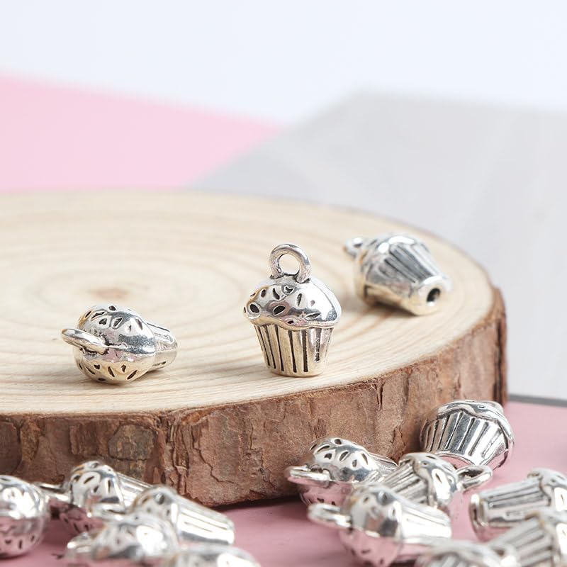 Miniatura 3 de 50 dijes para tartas de taza, colgantes de plata envejecida, doble cara, 3D, 0.394 x 0.394 in, hechos a mano