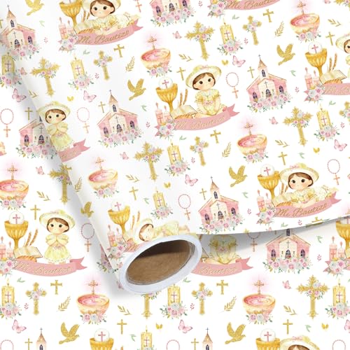 Baptism Wrapping Paper Roll for Girls Mi Bautizo Wrapping Paper Pink Gold Religious Gift Packaging for Baby Baptism First Communion Christening Catholic Celebration Party 17 In x 16.4 Ft
