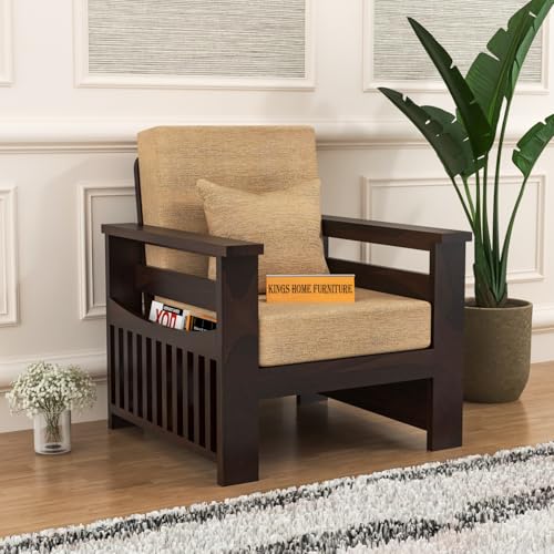 Image of Sheesham Wooden 1 Seater Sofa for Living Room | Rosewood 1 Seater Cushion Sofa Side Half Moon Rack | Solid Wood Sofa Set for Lounge (1 Seater,Walnut)