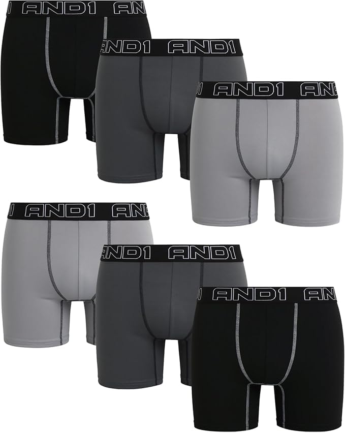AND1 Mens Boxer Briefs - 6 Pack Sport Performance Compression Mens Boxers, No Fly Pouch - Moisture Wicking Underwear for Men