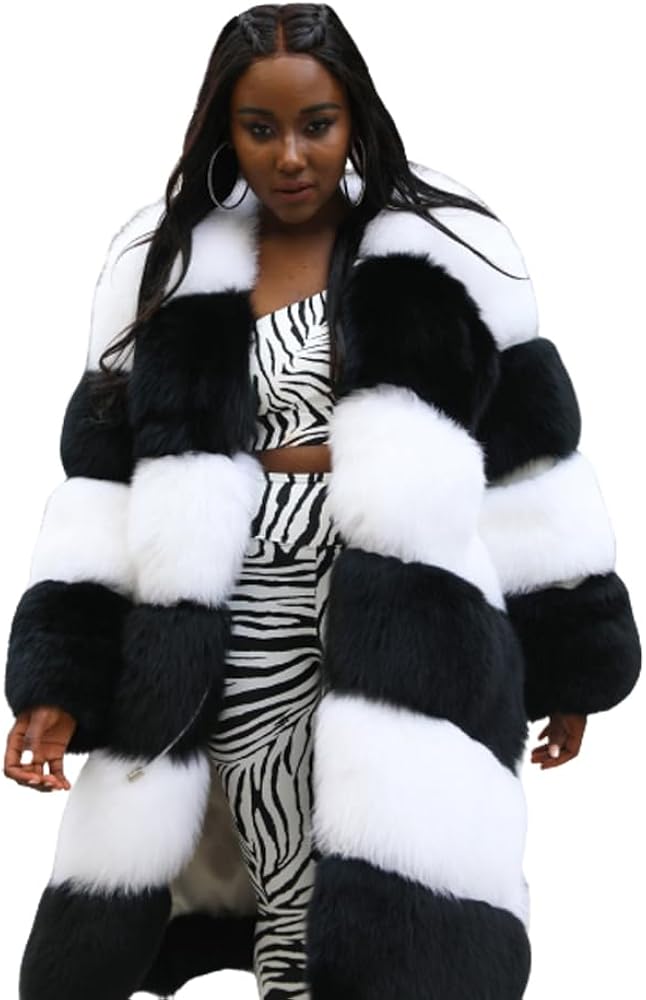妃姫様購入確約品⭕️最高級サガホワイトミンクコート&ブラックミンクフード付きジレ Denny&Dora Women's Long Fox Fur Coat Elegant Black and White