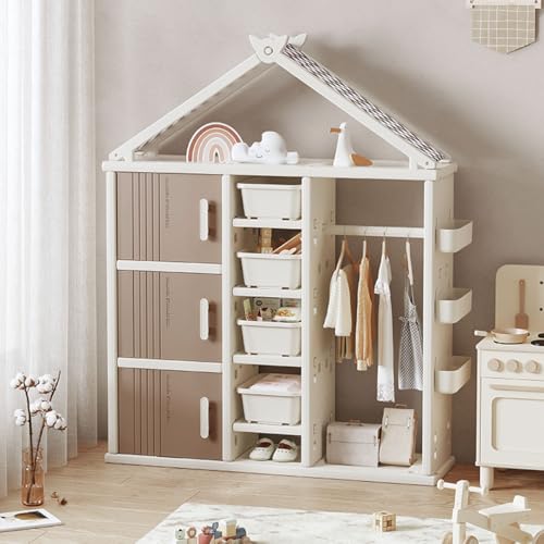 Image of Deer COCO Kids' Armoire Closet Baby Girl Clothes Cabinet Clothing Organizer Hangers Clothes Wardrobe Storage Bins for Bedroom Nursery Storage Closet Side Baskets Shelves(Brown)