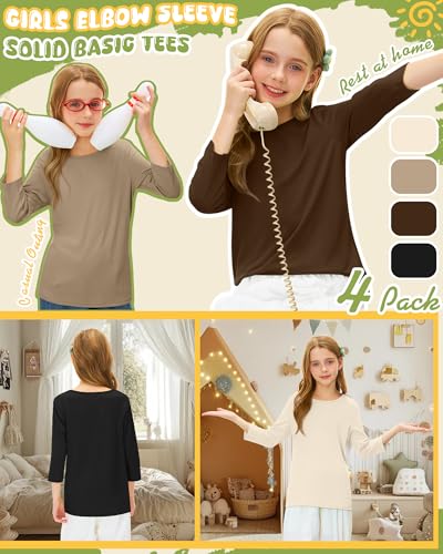 Image of 4 Pack Girls 3 /4 Sleeve T Shirts Kids Crewneck Elbow Sleeve Casual Tops Solid Basic Cute Teen Tees 5-14Y