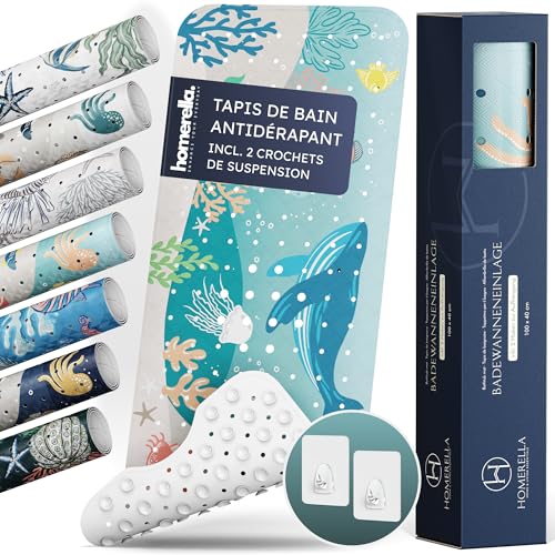 Homerella Tapis de Enfants Bain antidérapant 100x40 cm - Tapis antidérapant Baignoire et antibactérien - Extra Confortable & Suspension Inclus - pour Enfants et bébés - sans BPA et Lavable en Machine
