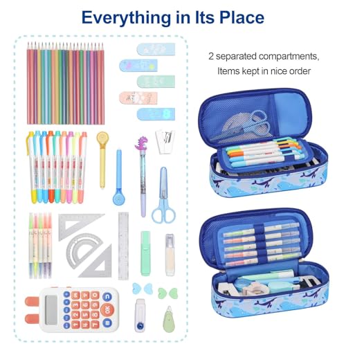 Image of Bagseri Pencil Case for Kids - Cute Pencil Case for Boys Large Capacity Pencil Pouch Organizer Multi-Slot Pencil Bag for School, Pen Case Only (Blue Whale)