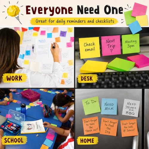 Image of (24 Pads) Sticky Notes 3x3 in 100 Sheets /Pad, Self-Sticky Note Pads, 6 Bright Colors Super Sticky Pads - Easy to Post for School, Office Supplies, Desk Accessories