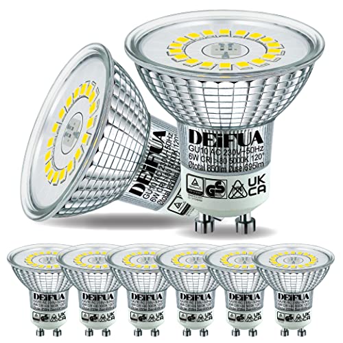 DEIFUA GU10 Bombilla LED Blanco frio 5000K 850 Lúmenes 6W Equivalente 90W Halógena, Caja de 6 unidades, AC 230V Foco PAR16 Sin Parpadeo, Lámpara Reflectora Haz Ancho de 120° No Regulable