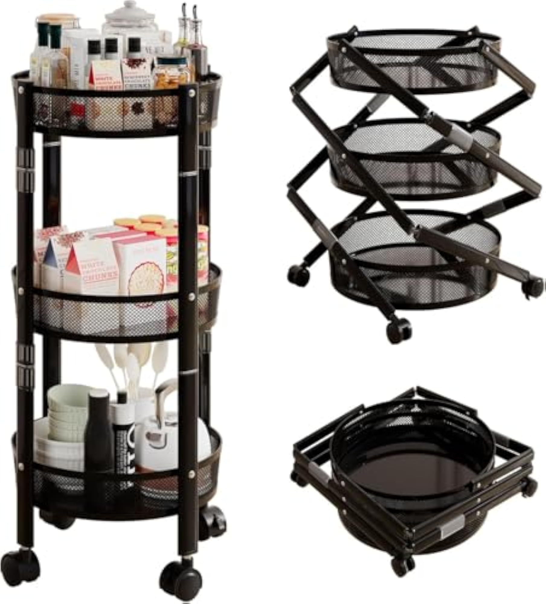 3 Tier Rolling Cart with Wheels, Metal Mesh Organizer