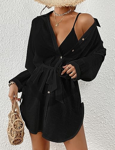 Bsubseach Sexy Beach Cover Ups for Swimwear Women Belted Shirt Dress Button Down Swimsuit Coverup Black2