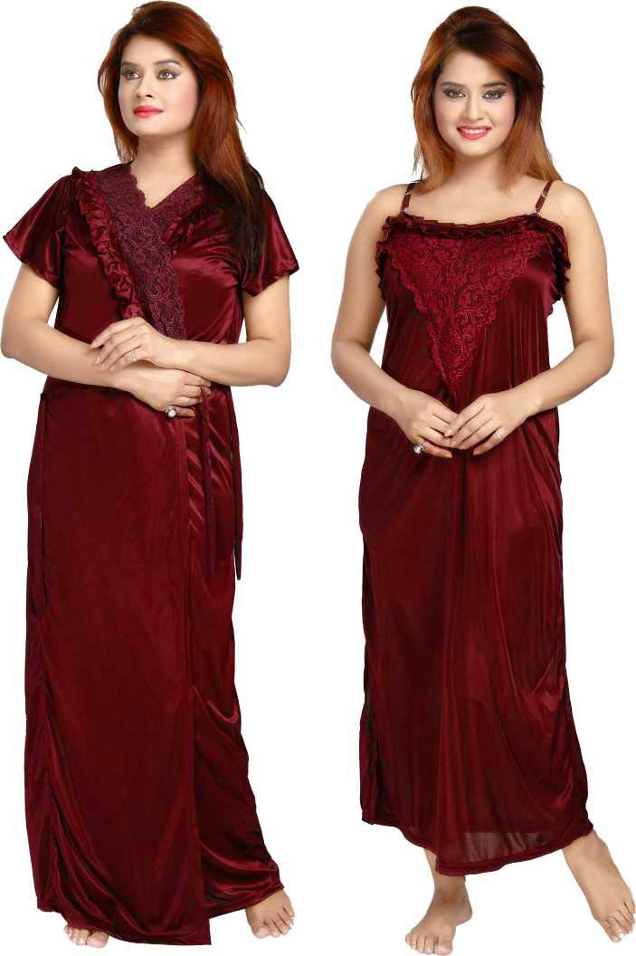 pinkhub Women's Satin Lace Nighty with Robe -Color-Maroon - Free Size-picture-11