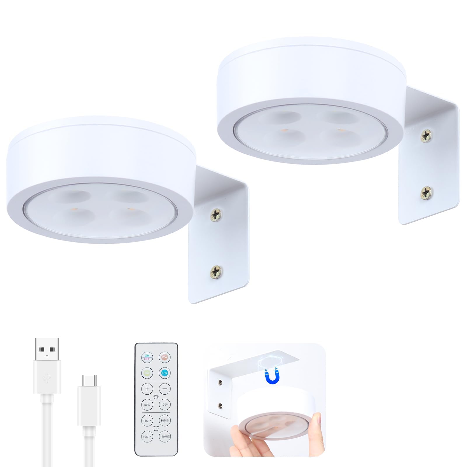 2 Pack Picture Lights for Wall, White Rechargeable Magnetic with Remote