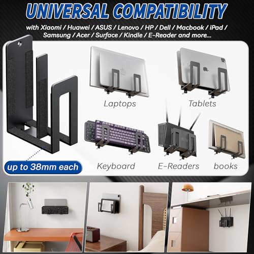 sciuU Soporte de Pared para Portátil - Estante de Metal Dual‑Layer para 2 Dispositivos ≤ 38 mm - Versátil Universal Estantería Estante para Laptop, Tablet, Teclado, E‑Reader, TV Box, Router, Módem - imagen 3