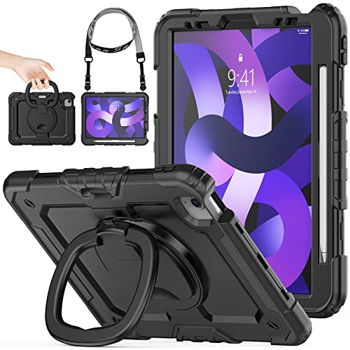 SEYMAC stock iPad Air 5th/4th Generation Case, iPad Pro 11 Case with 360 Rotating Handle Stand/Pencil Holder/Screen Protector & Shoulder Strap, Full Body Shockproof iPad Air 10.9 2022/2020 Case, Black