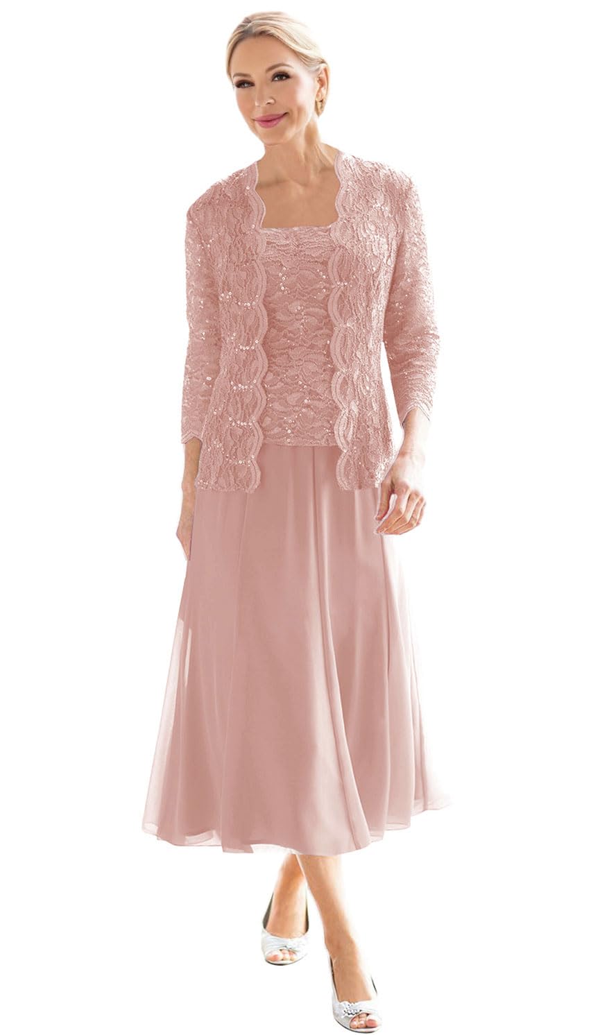 ISABUFEI Mother of The Bride Dresses for Wedding Chiffon Lace Formal Dresses Tea Length Grandmother Dress with Jacket Blush US20W