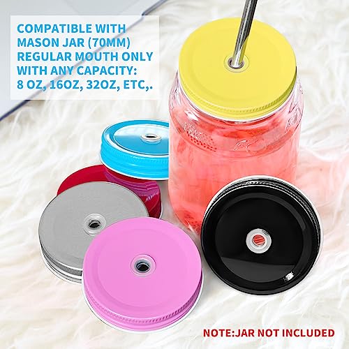 6 Pack Metal Drinking Lid With Straw Hole And Straws Compatible With Mason Jar Regular Mouth, 6 Colors, Dishwasher Safe #TOP6