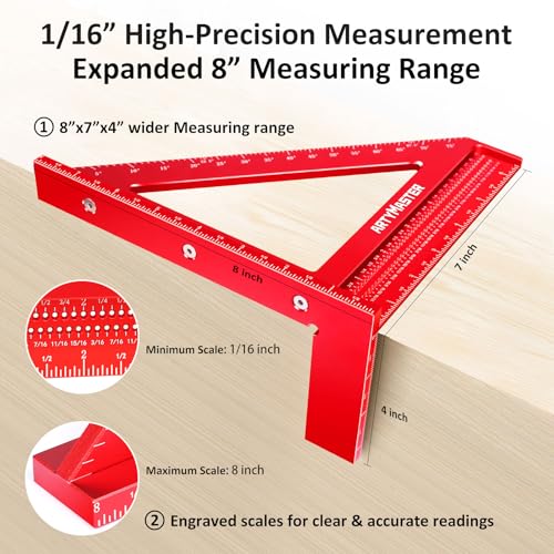 8 inch 3D Multi-Angle Measuring Square Ruler, WT103C High Precision Hole Scribing Woodworking Tools, 0-90° Aluminum Alloy Carpenter Square with Stair Gauges, Carpenter Pencils 6 Refills. - Thumbnail 4