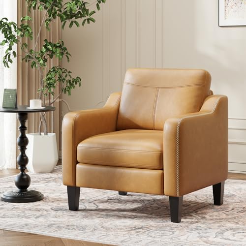 MALOL PU Leather Accent Chair, Mid-Century Modern Living Room Armchair Sofa with Removable Cushions, Solid Wood Frame & Stitched Armrest Design, Bedroom Chair with Plastic Legs, Brown