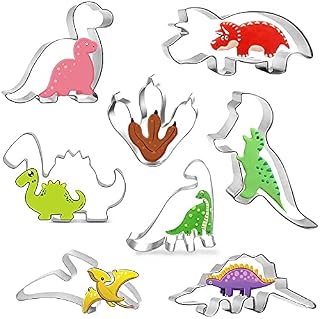SJUNJIE 8 Pieces Dinosaur Cookie Mold Set, Tyrannosaurus Rex, Triceratops, Pterosaur, Hedgehog, Dinosaur Shaped Stainless Steel Cookie Molds Kids Dinosaur Party Baking Molds
