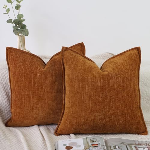 OYIMUA 2 Pack Chenille Cushion Covers 50cm x 50cm Luxury Square Pillow Cases Soft Decorative Pillows 20x20 Inches Burnt Orange Cushions for Modern Sofa Home Decoration