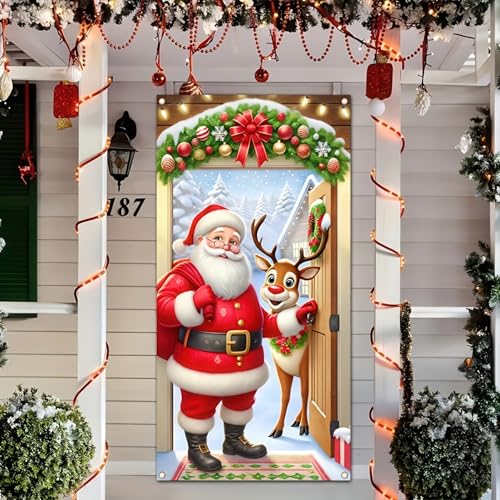 Image of BlissYard Christmas Door Cover 71x35 Inch Santa Claus and Reindeer Door Banner Holiday Decoration Winter Wonderland Entryway Backdrop Indoor Outdoor Christmas Party Home Porch Wall Decor