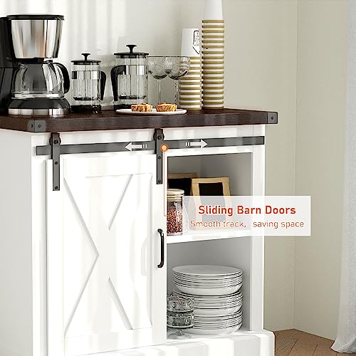 Homfamilia 32" H Farmhouse Coffee Bar Cabinet W/Storage, White Kitchen Sideboard Buffet Cabinet With Sliding Barn Door, Rustic Accent Console With Adjustable Shelves, For Kitchen, Living Room #TOP3