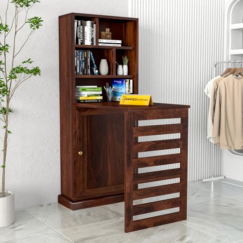 Image of Solid Sheesham Wood Foldable Study Table with Bookshelf & Storage Cabinet | Rosewood Study Desk for Home & Office (A-Walnut Finish)