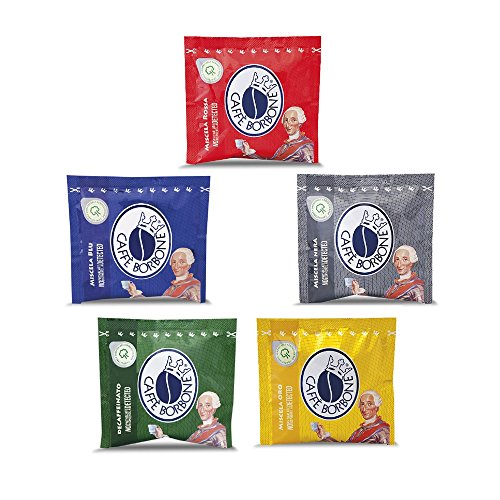 150 dosettes Caffè Borbone boîte de dégustation mélange rouge bleu noir or dek