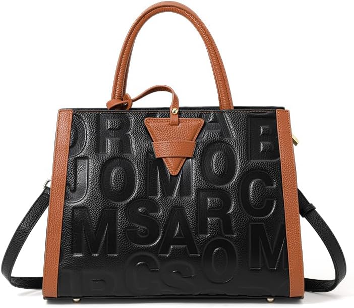 Leather leather handbag large capacity letter detachable shoulder strap color-blocked triangle women's single tote bag