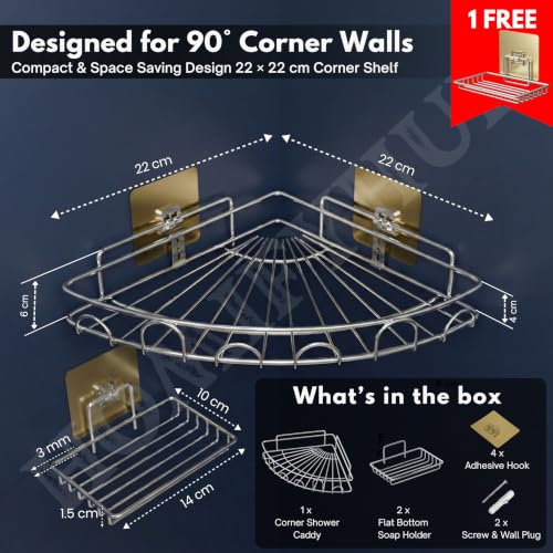 Image of No Drill Bathroom Combo 1 Round Corner Shelf & 2 Stickable SS Soap Holders with Drain Tray | Self Adhesive Wall Shelf Organizer for Kitchen & Bathroom Magic Sticker (Silver, Pack of 3)