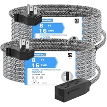 2 Pack Extension Cord 8 Ft,3 Outlet Braided Cable,16 Gauge Wire SPT-2, Multiple Outlets Tamper Guard,Outlet Saver,3 Polarized Outlets with Safety Cap Protection for Home Office, Black/White