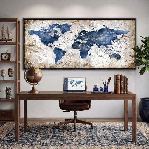 Image of World Map Canvas Wall Art Navy World Maps for Wall Vintage Modern Wall Art for Office Framed Pictures for Living Room Bedroom Wall Decoration for Home Office Decor Artwork for Walls