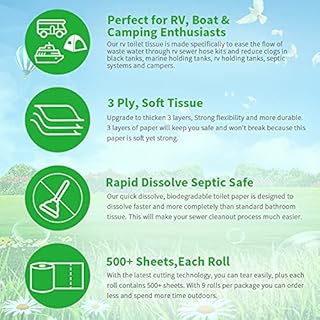 Rapid Dissolving RV Toilet Paper Septic Safe, Camping Toilet Paper Biodegradable 9 Mega Rolls, 500 Sheets, 3 Ply RV & Camper Accessories for Travel Marine, Camp, Boat and Motorhome (Inches, 4 x 4)