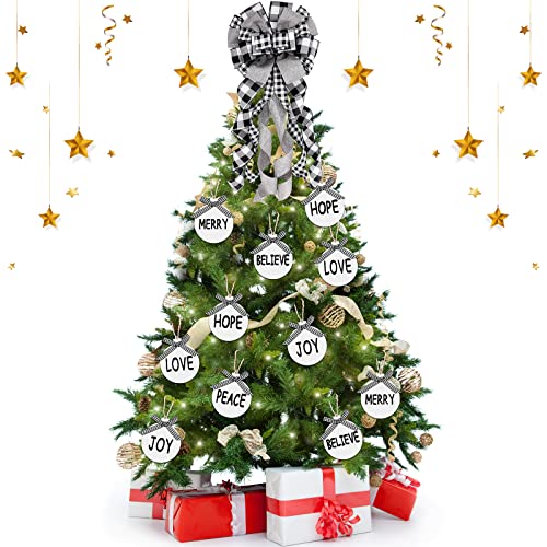 Christmas Bow Tree Topper Plaid Large Christmas Tree Topper Buffalo Plaid Decorative Bow with 24 Buffalo Plaid Christmas Wish Tree Ornament for Christmas Tree Decoration(Black White Plaid, White)