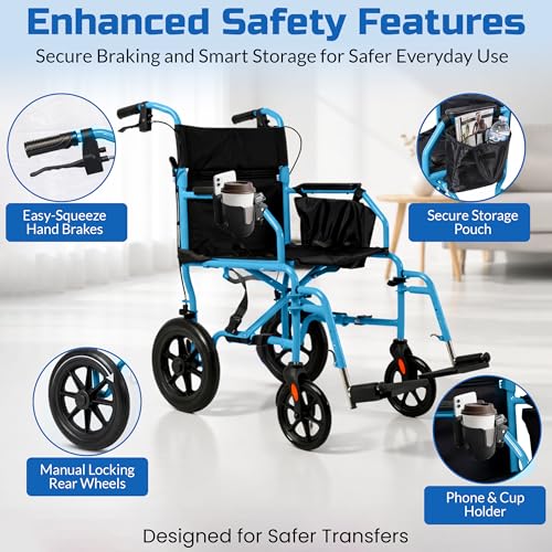 Platinum Health Hummingbird™ Ultra-Lightweight Foldable Transport Wheelchair, Handbrakes,12-Inch Rear Wheels, Extra-Wide Seat. Convenient Table-Length Padded Armrests. (Sky Blue)