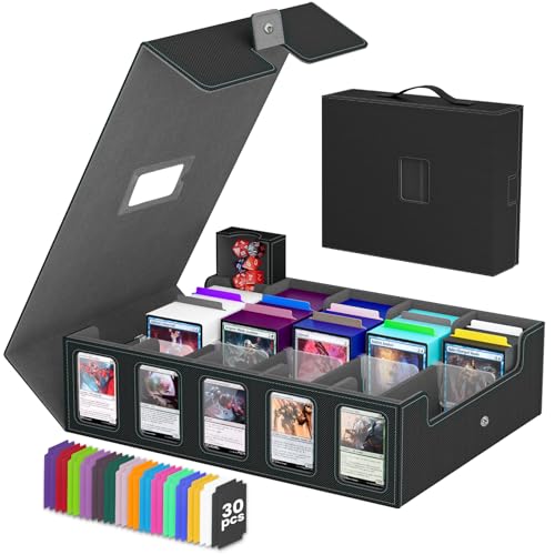 Image of Trading Card Storage Box Gomyrod, 5-Row Card Case with Commander Display & Portable Handle, 4200+ MTG Deck Box Compatible for MTG /TCG /Magic Cards, 30 Colorful Divider, 8 Card Supporters (Black & Grey)