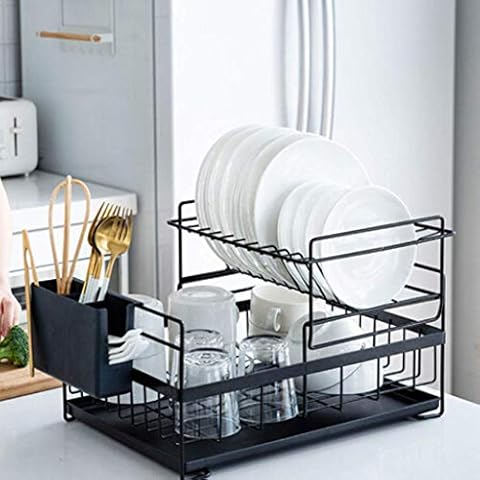 SUNFICON Escurridor de Platos Desmontable de 2 Niveles con Bandeja de Goteo, Color Negro Cover