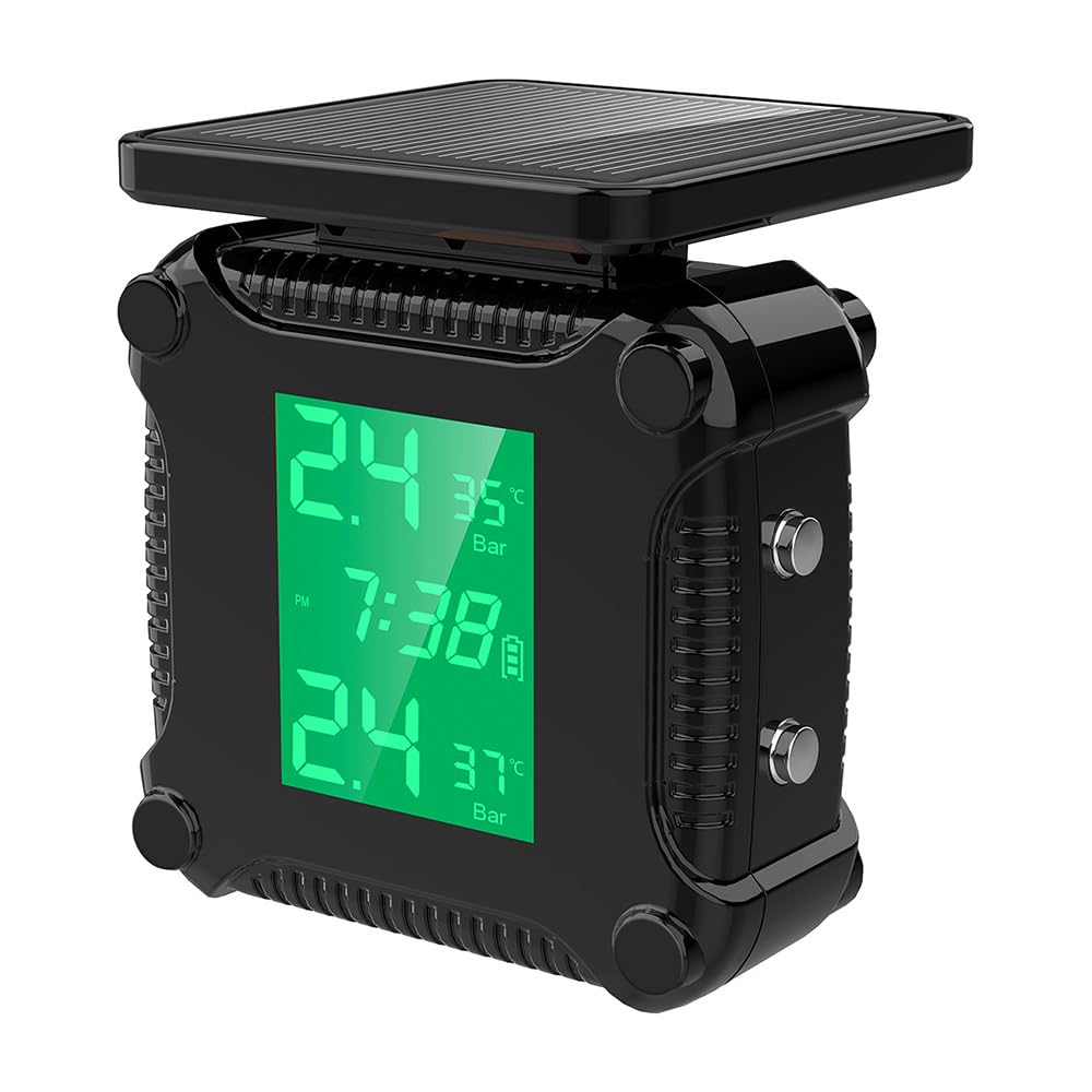 POFET Reifendruckkontrollsystem Motorrad TPMS Kabelloser Motorrad, USB-Aufladung Einstellbare Helligkeit Tpms Motorrad mit LCD-Display 2 Externen Wasserdicht Sensore Auto-Alarmsystem