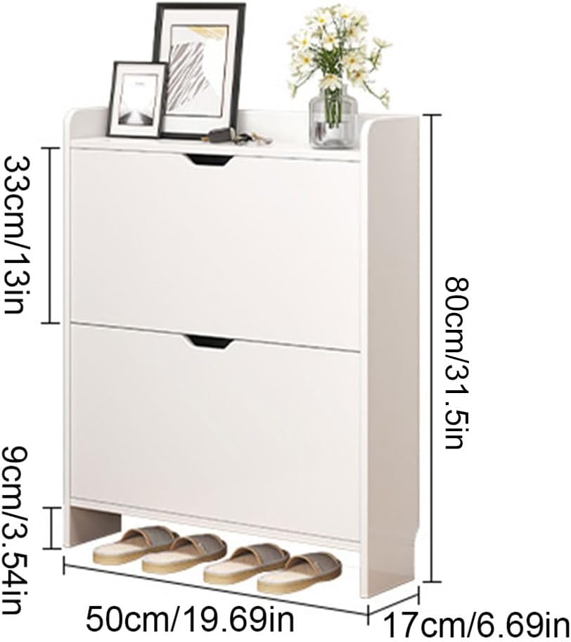 Shoe Cabinet with 2 Flip Drawers, White Narrow Wooden Shoe Organizer Cabinet, Freestanding Hidden Shoe Storage Rack, Modern Wood Shoe Storage for Entryway, Hallway, Foyer, Living Room
