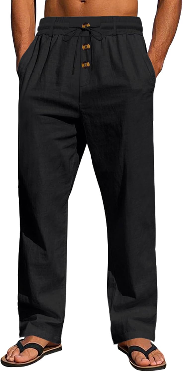 Mens Workout Pants Men's Linen Yoga Lightweight Straight Leg Casual Vacation Beach