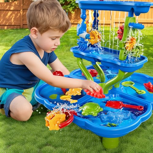 JUKUDAHU Sand Water Table for Kids 3 4 5 6 7 8 Year Old - Waterfall Pond, Bath Toys, Summer Outdoor Sand Beach Toys for Toddlers 1-3 3-5, Sensory Activity Playset, Birthday Gifts for Boys Girls 3-8