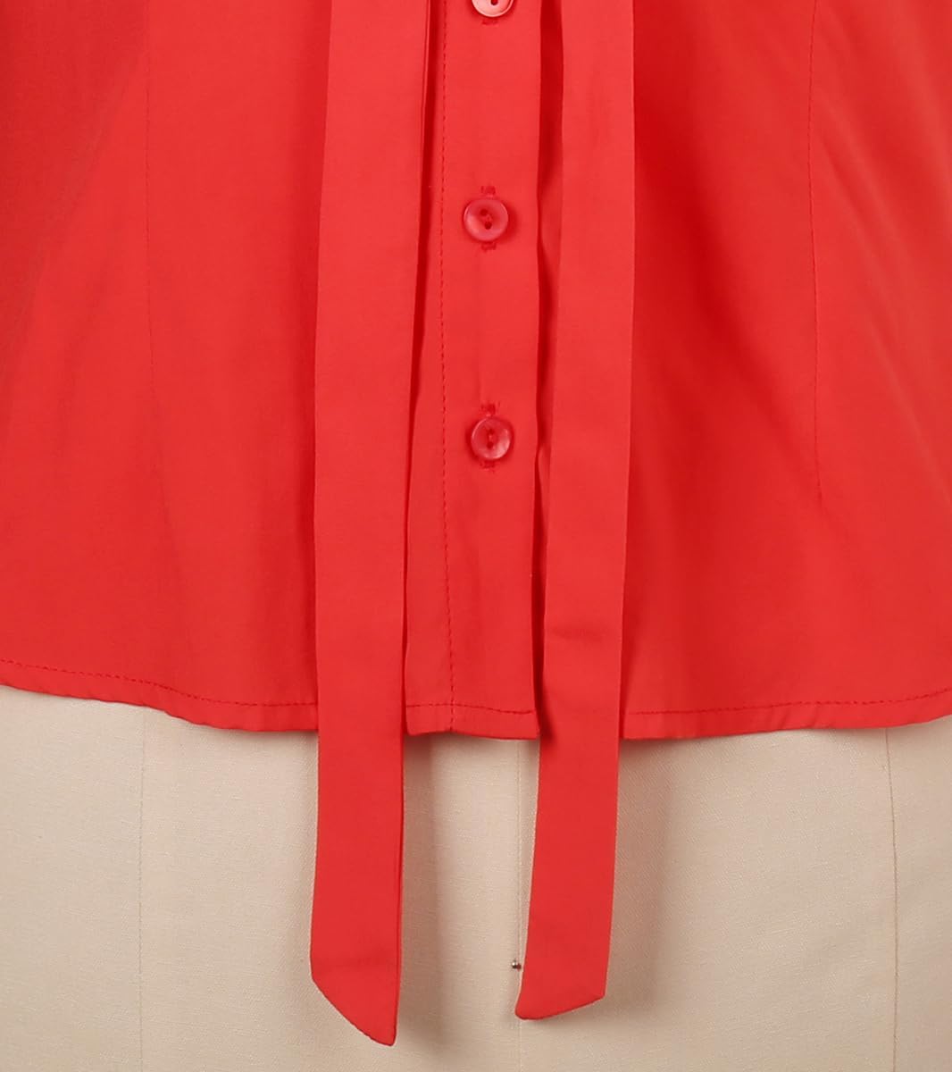 Women's Printed Front Bow tie Button Down Short Sleeve Shirt 1950s Retro Elegant Blouse Tops - Image 6