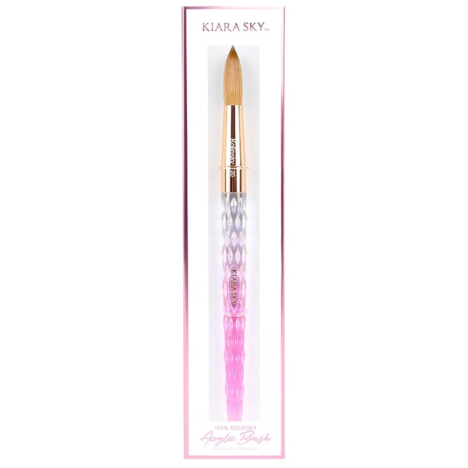 Kiara Sky Kolinsky Acrylic Nail Brush #12 – Pure Kolinsky Sable Hair, Pink Crystal Handle, Acetone Resistant, for Acrylic Application, Extensions & 3D Nail Ar