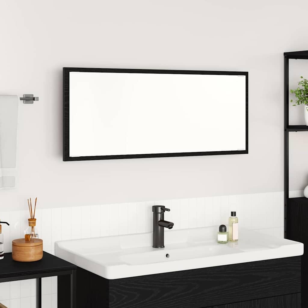 Espejo de baño de roble negro, 120 x 50 cm, con iluminación LED integrada, espejo rectangular de pared de marco de madera auténtica, diseño moderno para baño e invitados