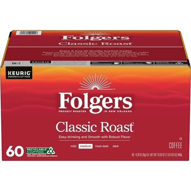 Generic Folgers Classic Roast, Medium Roast Coffee, Keurig K-Cup Pods, 60 Count Box