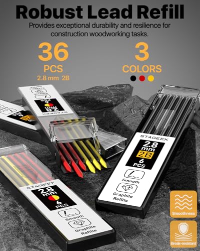 Image of STAGEEK 3PCS Carpenter Pencils with Sharpener, Heavy Duty Woodworking Tools, Mechanical Pencil Set with 39 Refills, Deep Hole Long Nib Marker Pens for Architect Marking with Case (Red, Black, Yellow)