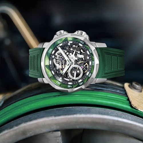 Image of FEICE FM511 Men's Automatic Skeleton Watch, Luxury Sapphire Crystal Glass Blue Dial Luminous Hands, 5ATM Waterproof Sport Wristwatch with Silicone Strap for Men, Casual Mechanical Watches for Men.